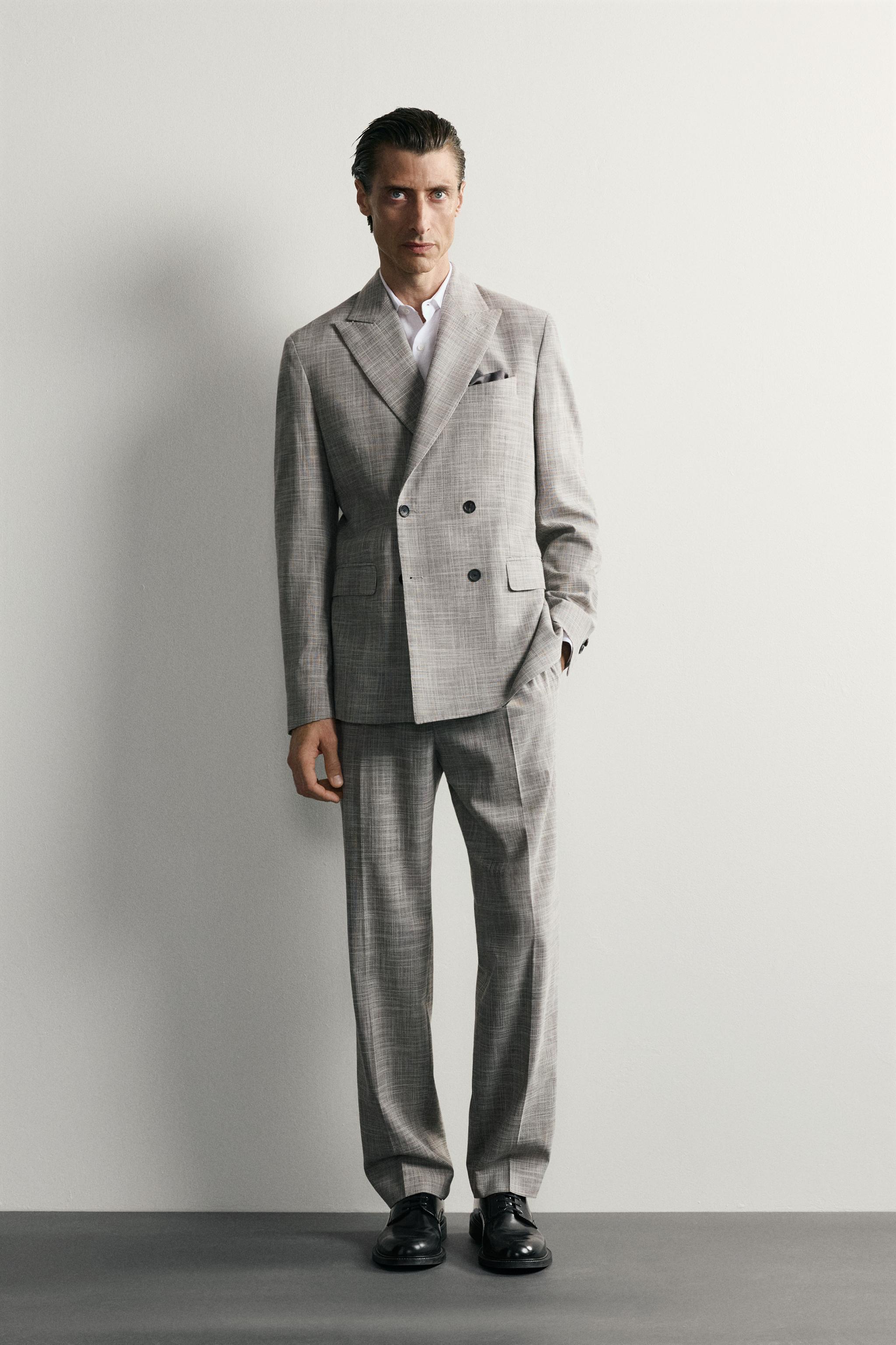 CHECKED WOOL BLEND PLEATED SUIT PANTS